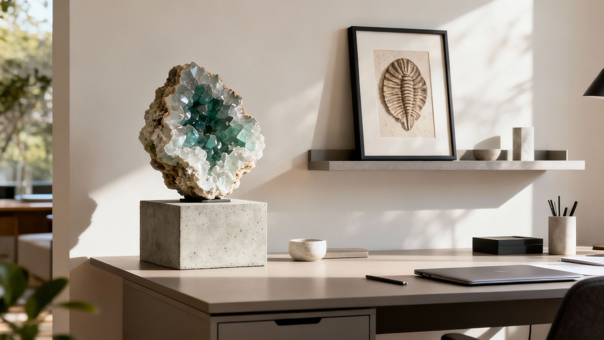 A modern office desk featuring a large green and white geode, framed art, and a closed laptop.