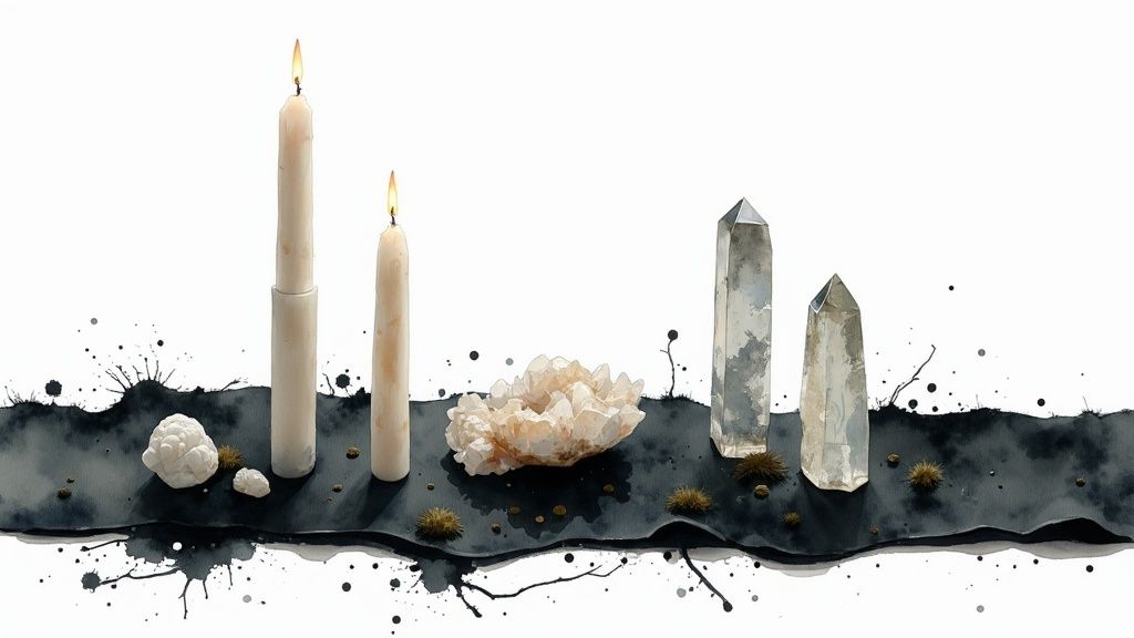 A Halloween-themed tablescape featuring crystals, dark fabrics, and candlelight.