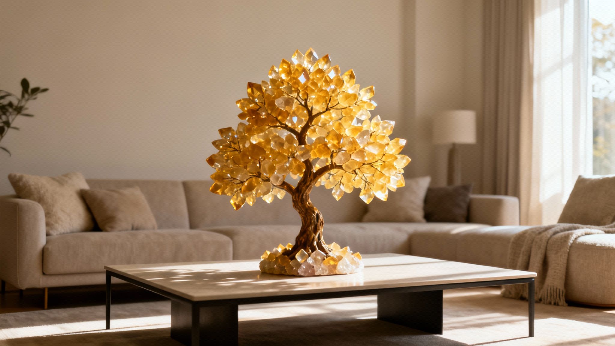 A beautiful citrine gemstone tree with sparkling yellow crystals on a modern coffee table in a sunlit living room.
