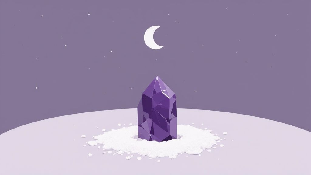 A hand holding a vibrant, deep purple amethyst crystal.