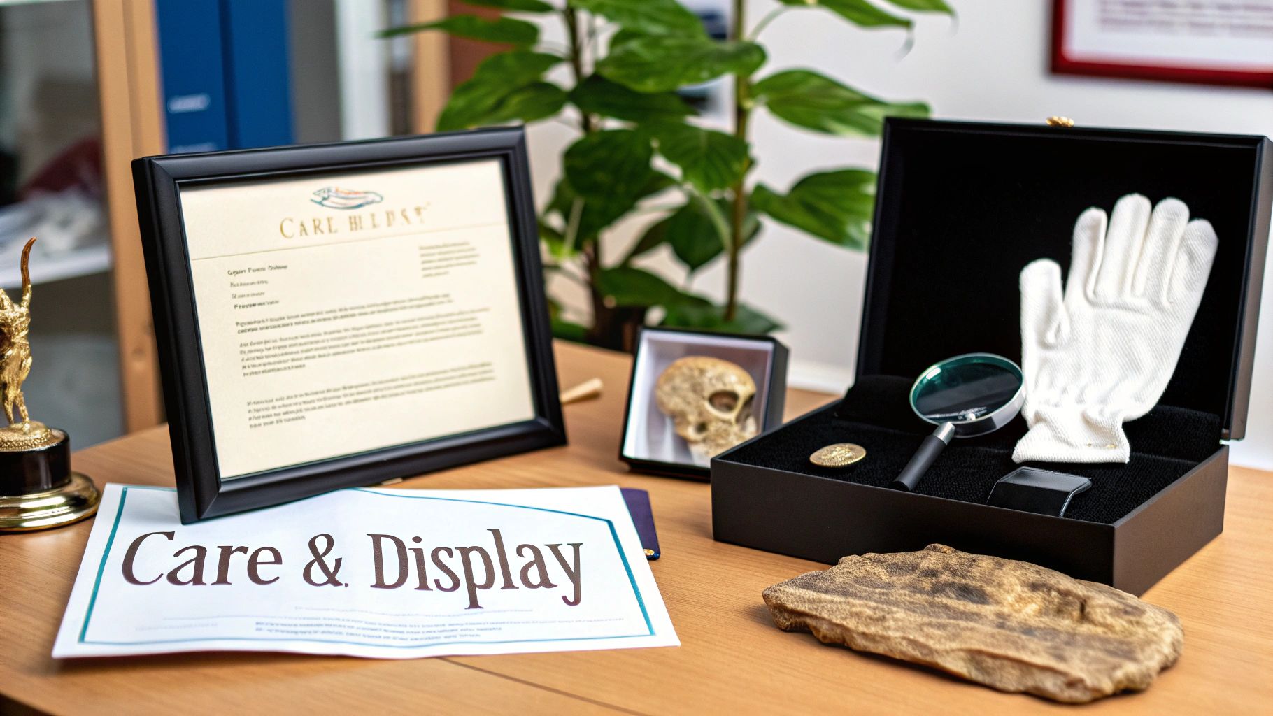 A curated display of natural history artifacts including a framed document, skull, magnifying glass, glove, and petrified wood.