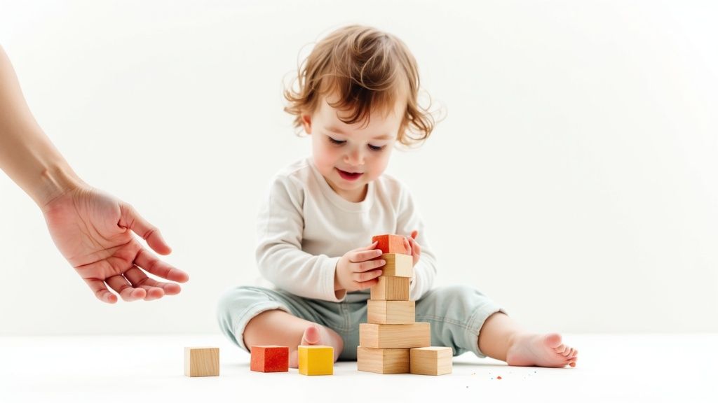 A young child playing with colorful educational building blocks, focused and engaged.