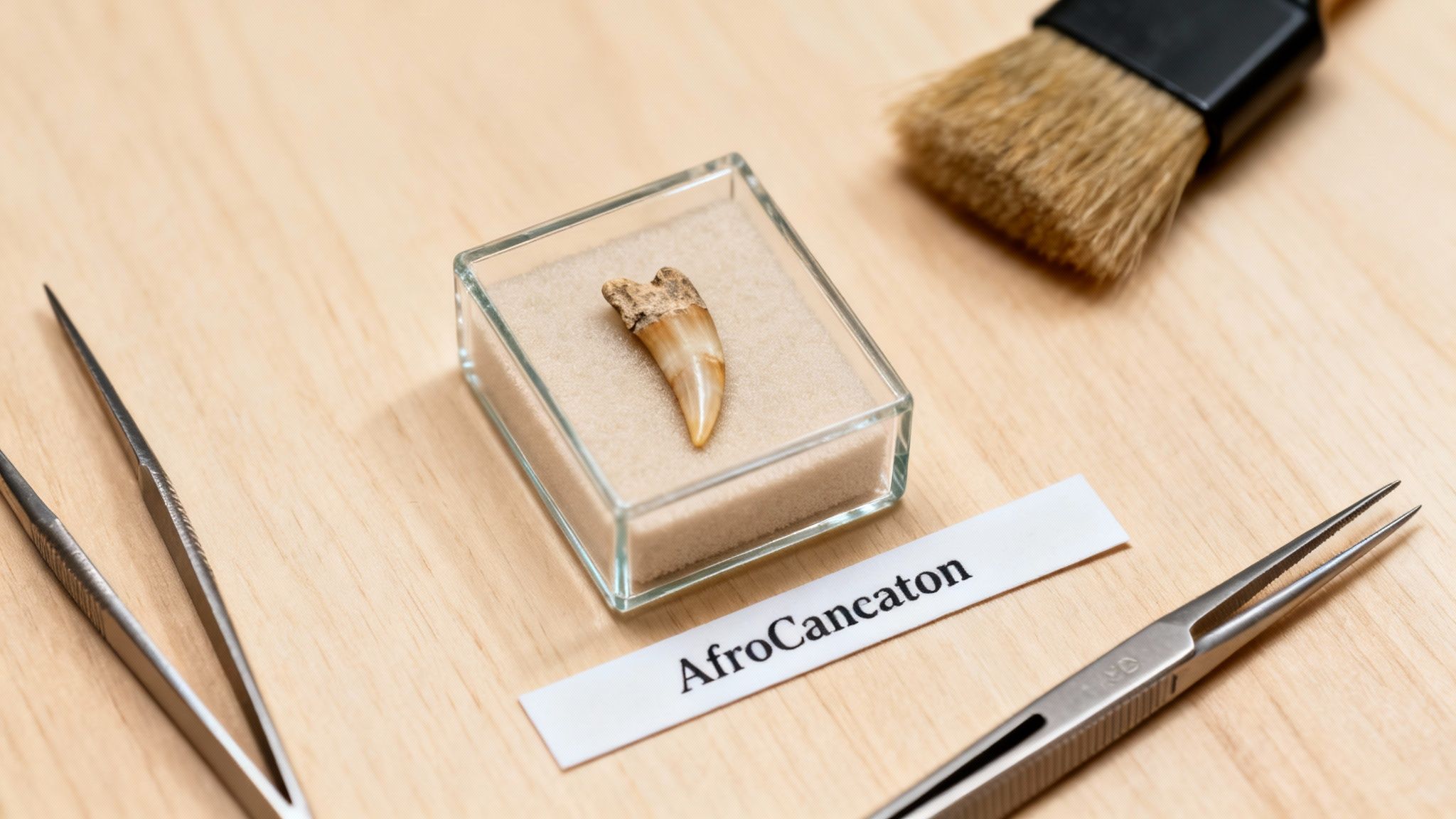 A fossilized tooth displayed in a glass case on a wooden table with paleontological tools.
