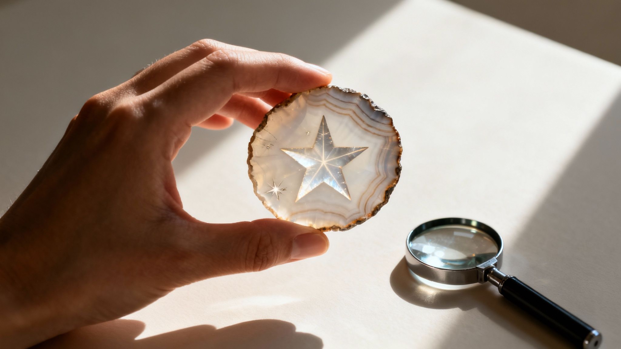 A hand holds a luminous agate slice with a carved star design, next to a magnifying glass.