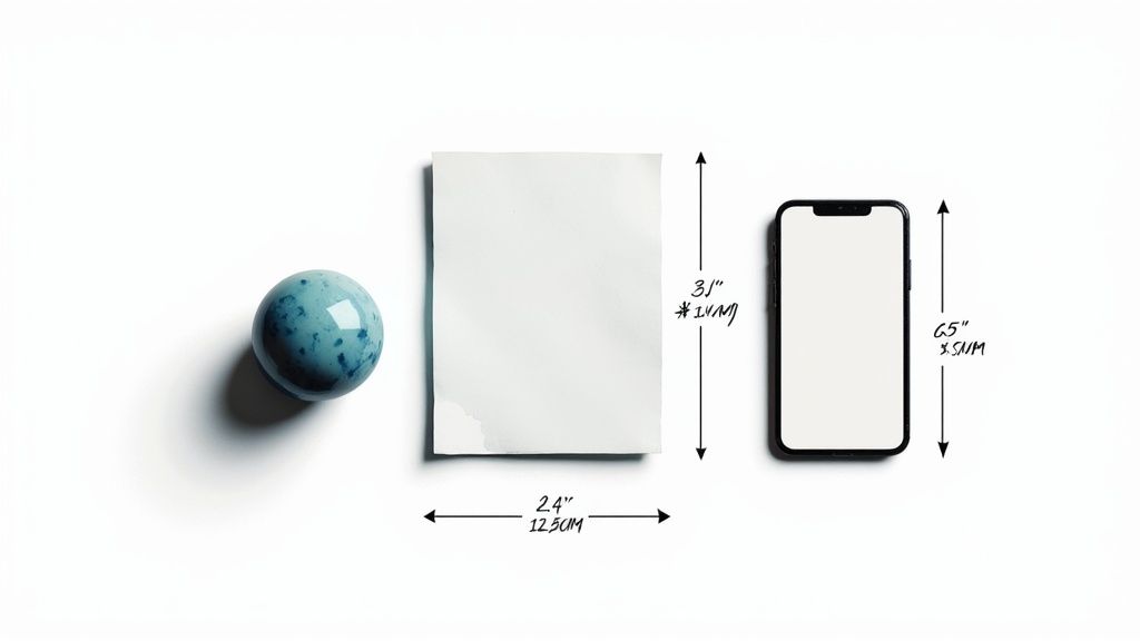 Overhead shot showing a blue marble, a white paper, and a smartphone with their dimensions.