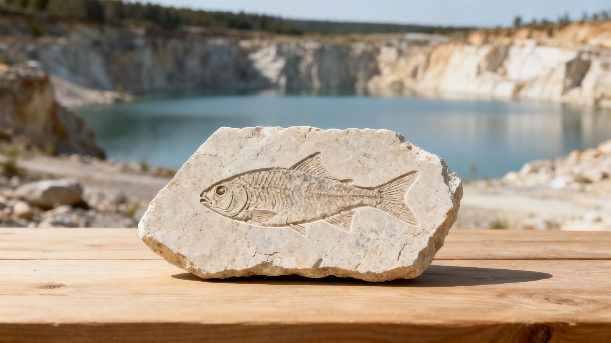 A detailed fish fossil embedded in a rock, displayed on a wooden table with a quarry lake in the background.