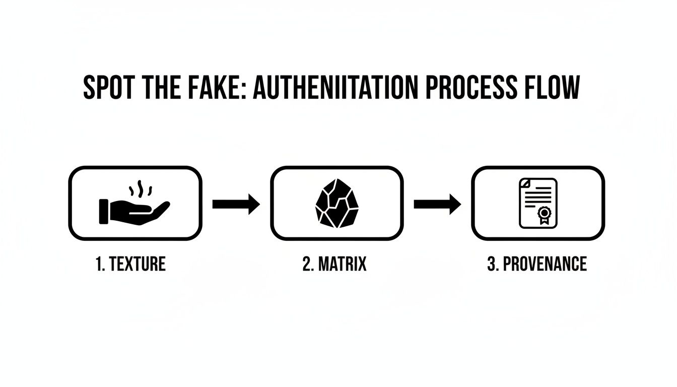 Diagram illustrating a three-step authentication process: texture, matrix, and provenance, to spot fake items.