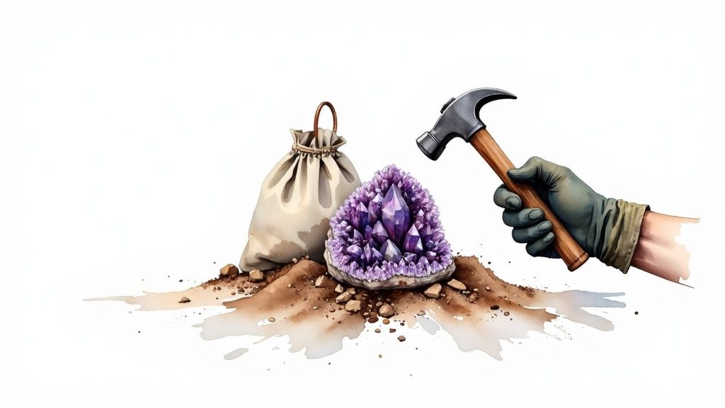 People rockhounding for amethyst in a rocky area.
