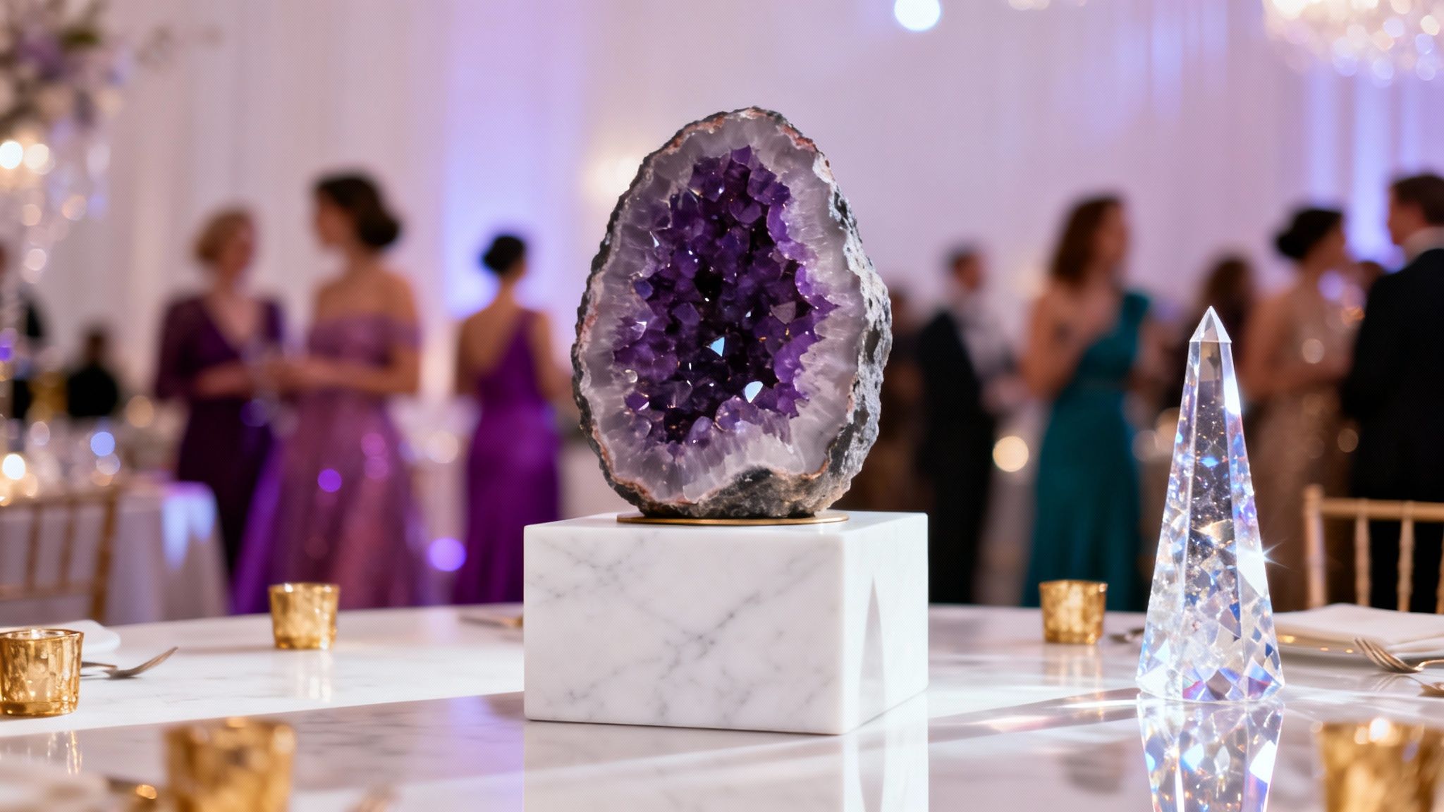 A large amethyst geode and a crystal obelisk on a white table at a luxurious party with blurred guests.