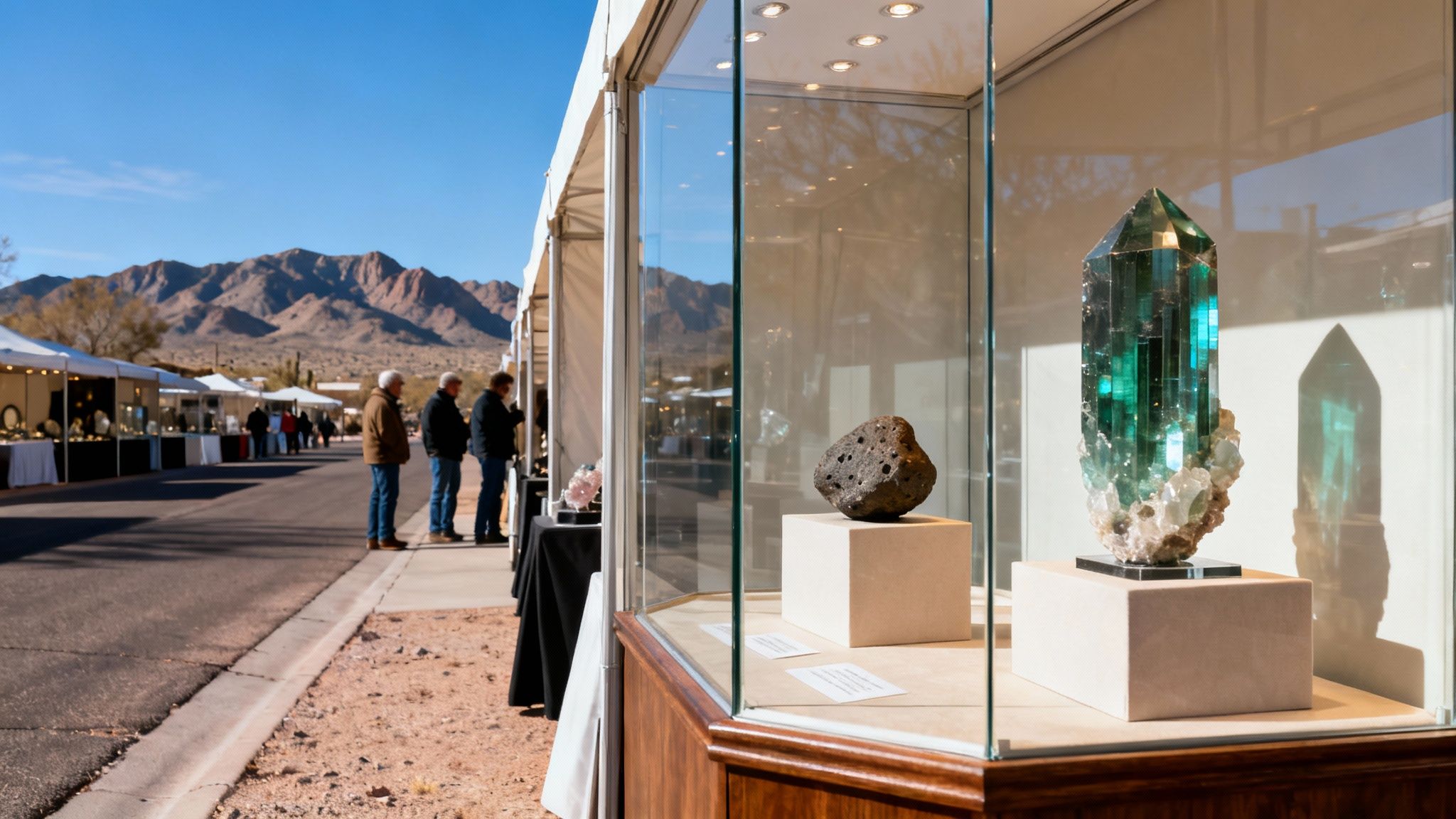 An outdoor mineral and gem show with display tents, people, and a prominent glass case featuring a large green crystal and a meteorite.