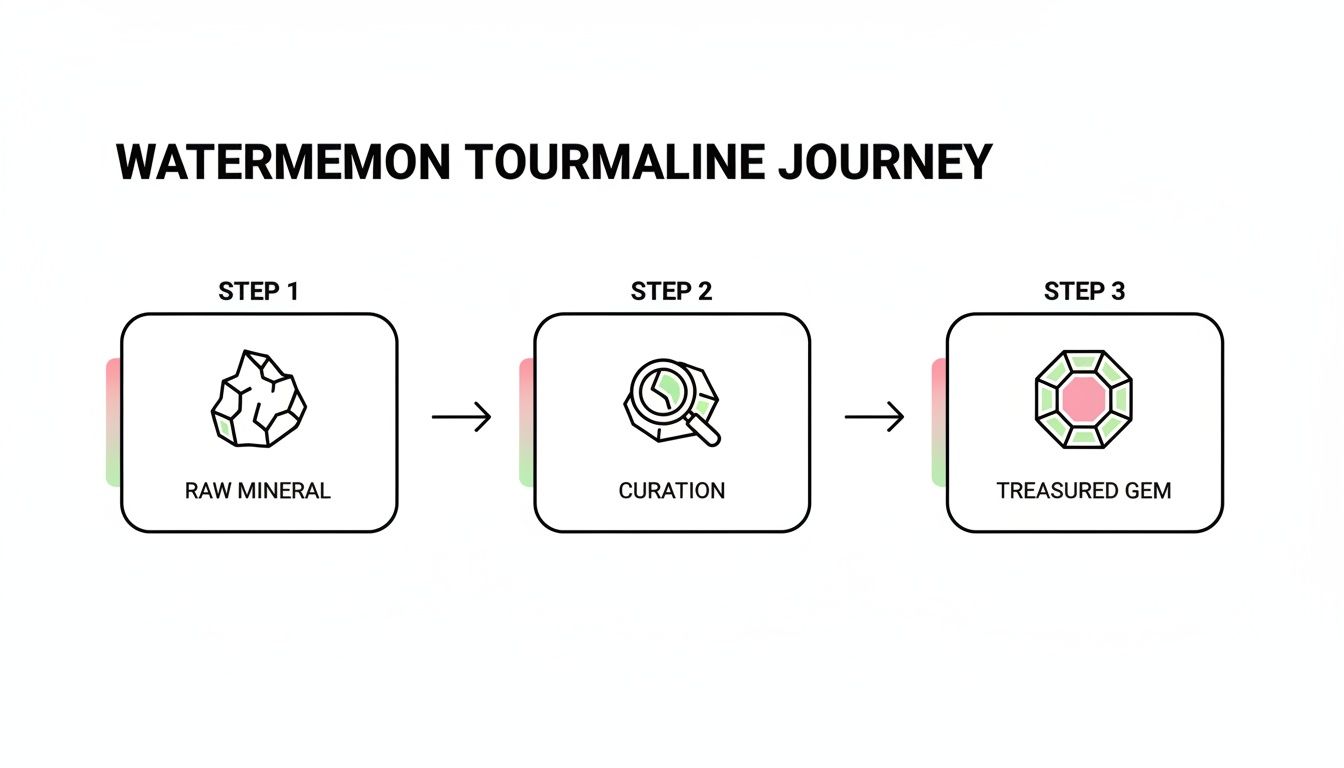 A three-step diagram illustrates the watermelon tourmaline journey: raw mineral, curation, and treasured gem.