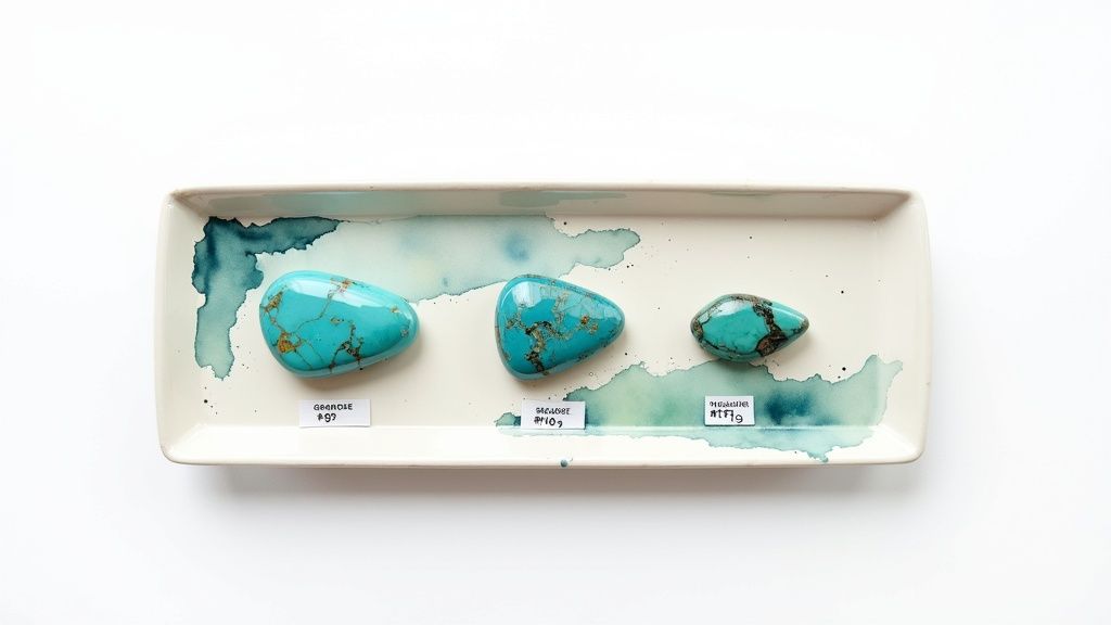 Overhead shot of three unique turquoise cabochons displayed on a decorative watercolor-painted ceramic tray.