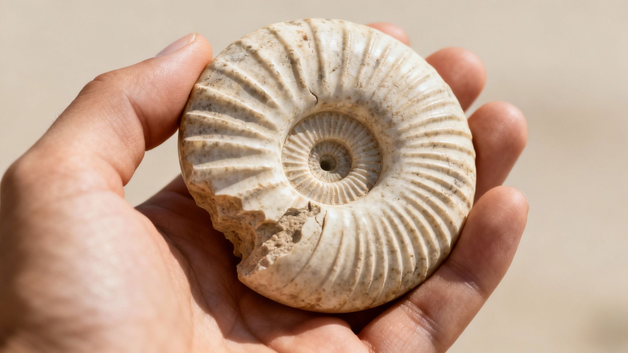 A human hand gently holds a light-colored, intricately ridged ammonite spiral fossil.