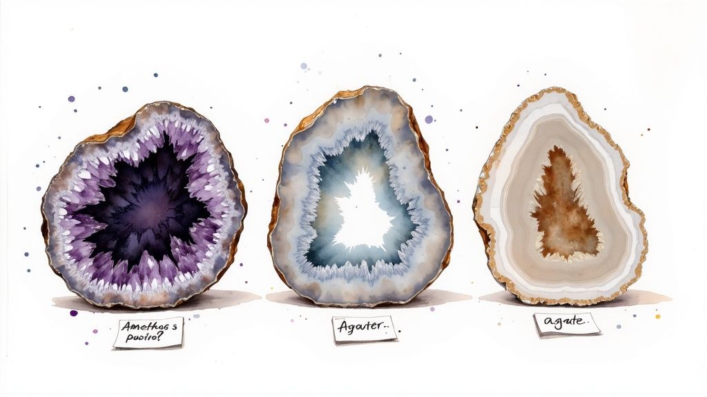 Close-up of a stunning amethyst geode with deep purple crystals