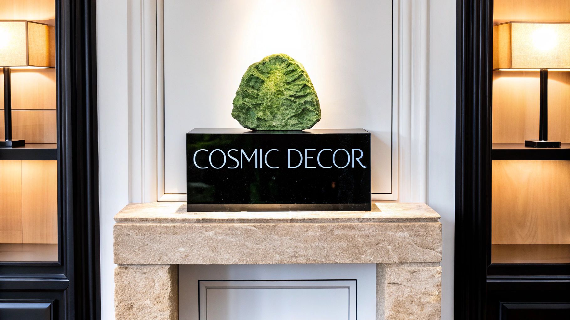 A green, textured rock resembling moldavite sits on a 'COSMIC DECOR' display stand.