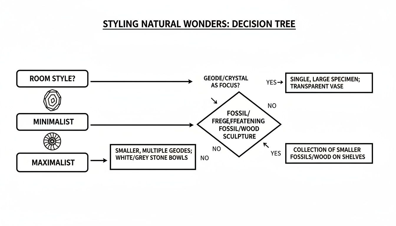Decision tree for styling natural wonders based on room style, suggesting displays for geodes, crystals, fossils, and wood.