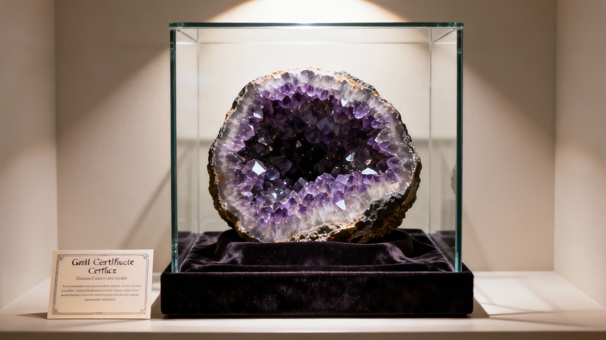 A large, vibrant purple amethyst geode displayed prominently in a glass case with a certificate on a velvet stand.