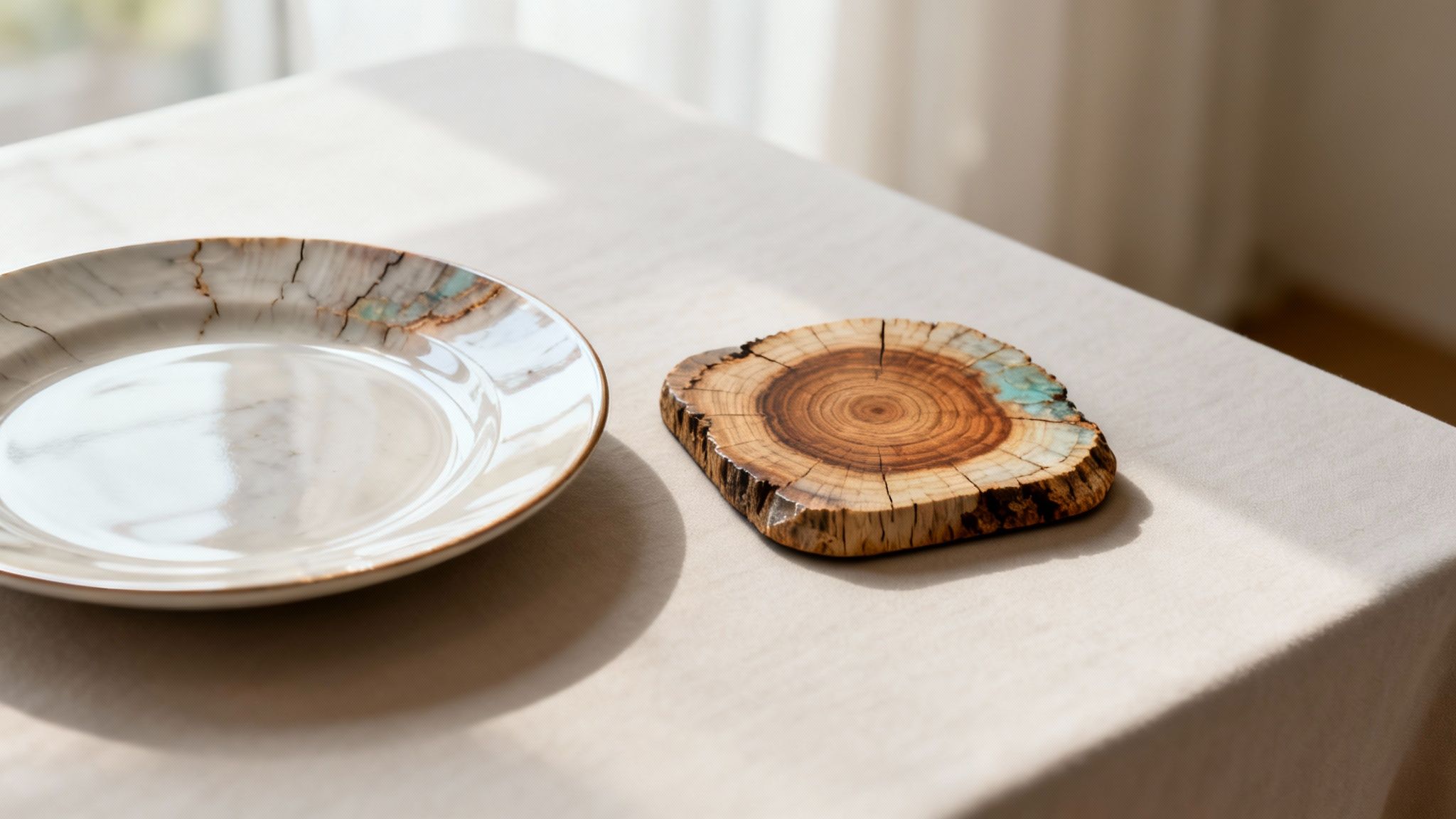 A ceramic plate with a cracked pattern and a petrified wood coaster on a beige tablecloth.