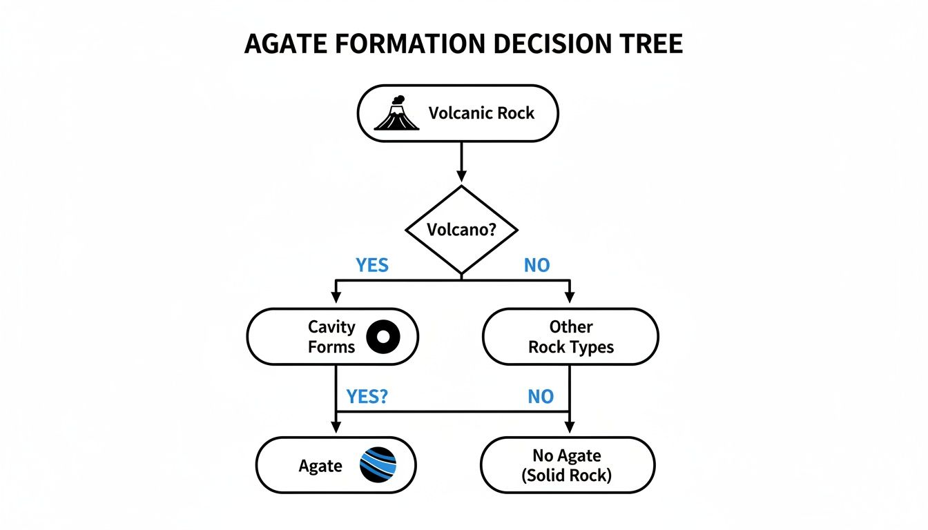 A decision tree flowchart illustrating the formation process of agate from volcanic rock and cavities.