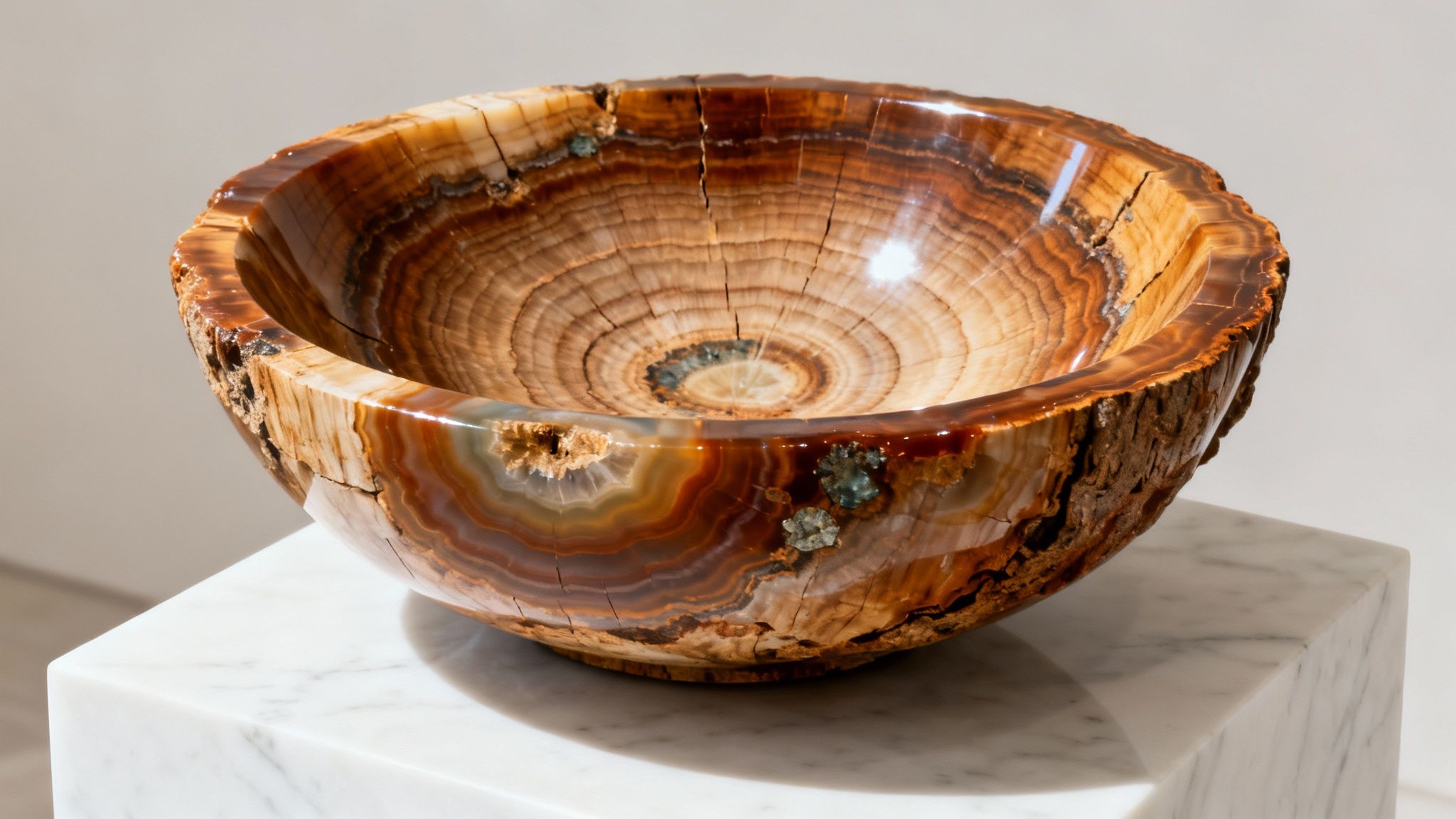 Polished petrified wood bowl with earthy tones, distinct growth rings, and natural inclusions on marble.