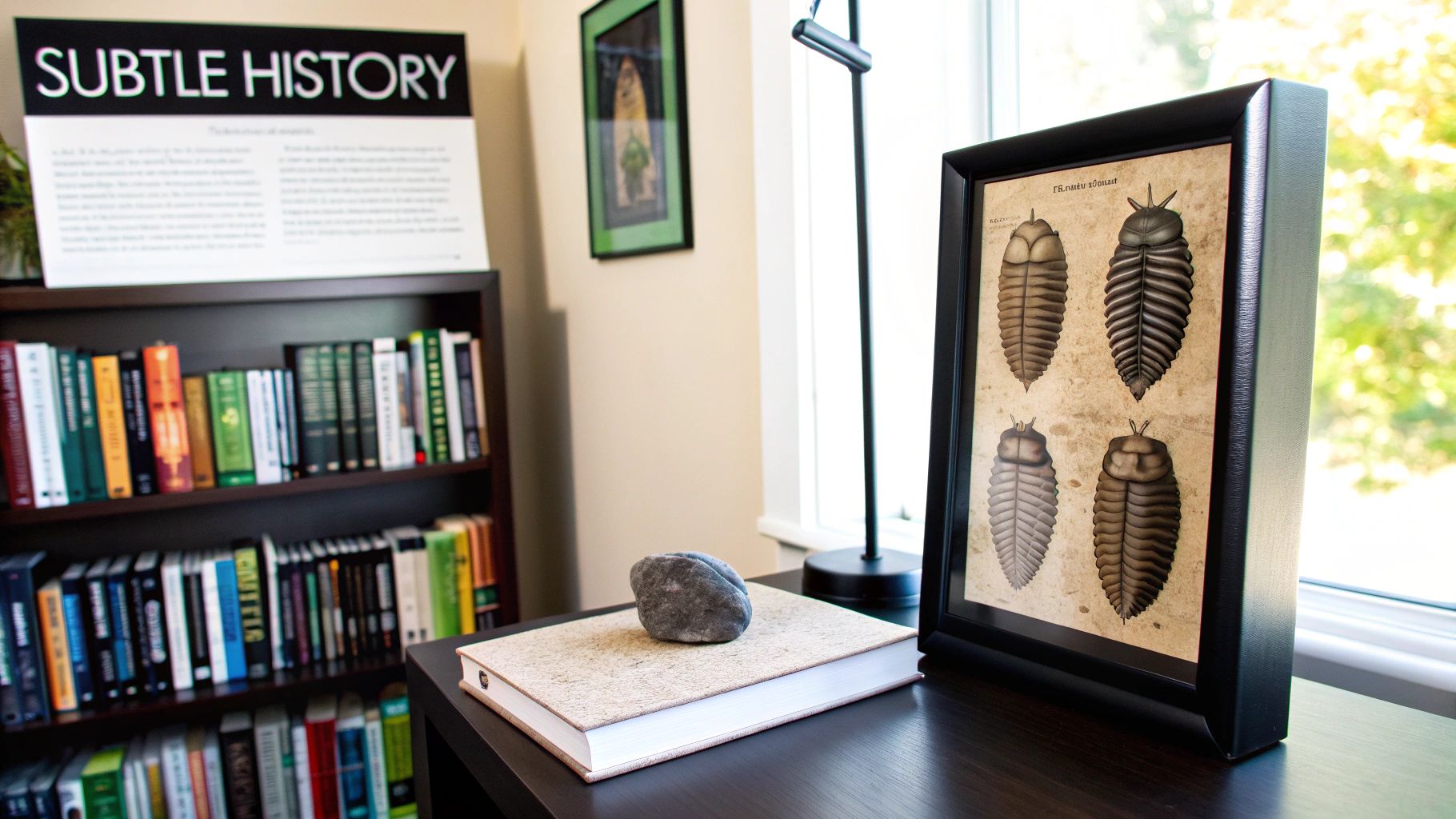 A home office setting with a bookshelf, a framed trilobite print, and a 'SUBTLE HISTORY' sign.