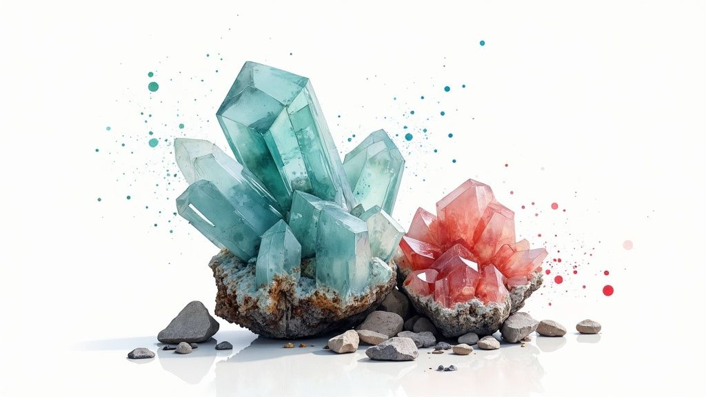Colorful aquamarine gemstones on a rocky surface