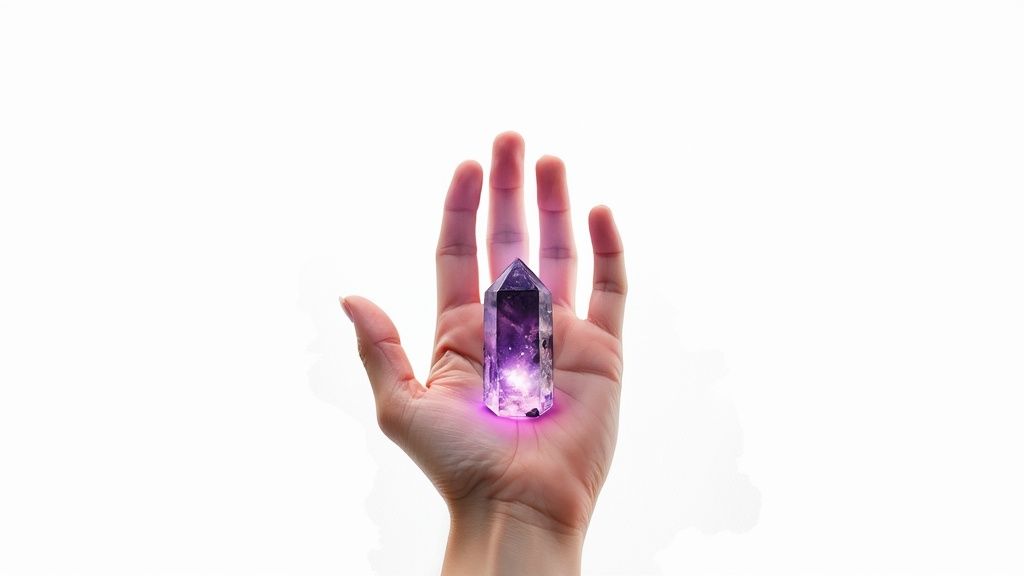 A hand holds a glowing purple crystal, resembling an amethyst, emitting light against a white background.