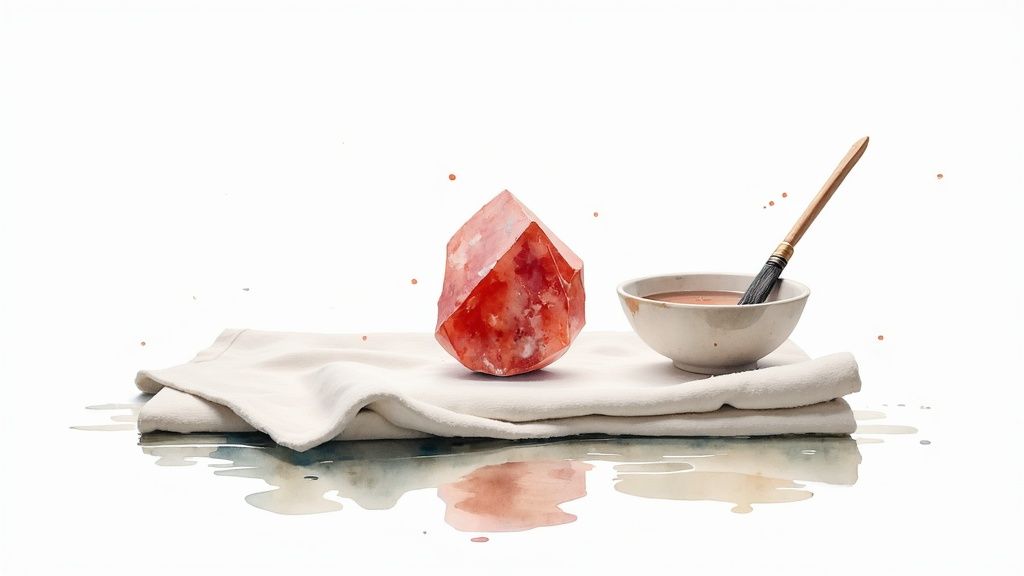 Watercolor still life of red quartz crystal with ceramic bowl and brush on white cloth