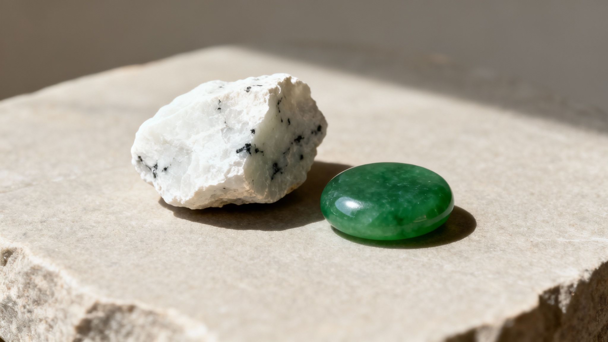 Two natural stones, one rough white with black speckles, one smooth green, on a textured light surface.
