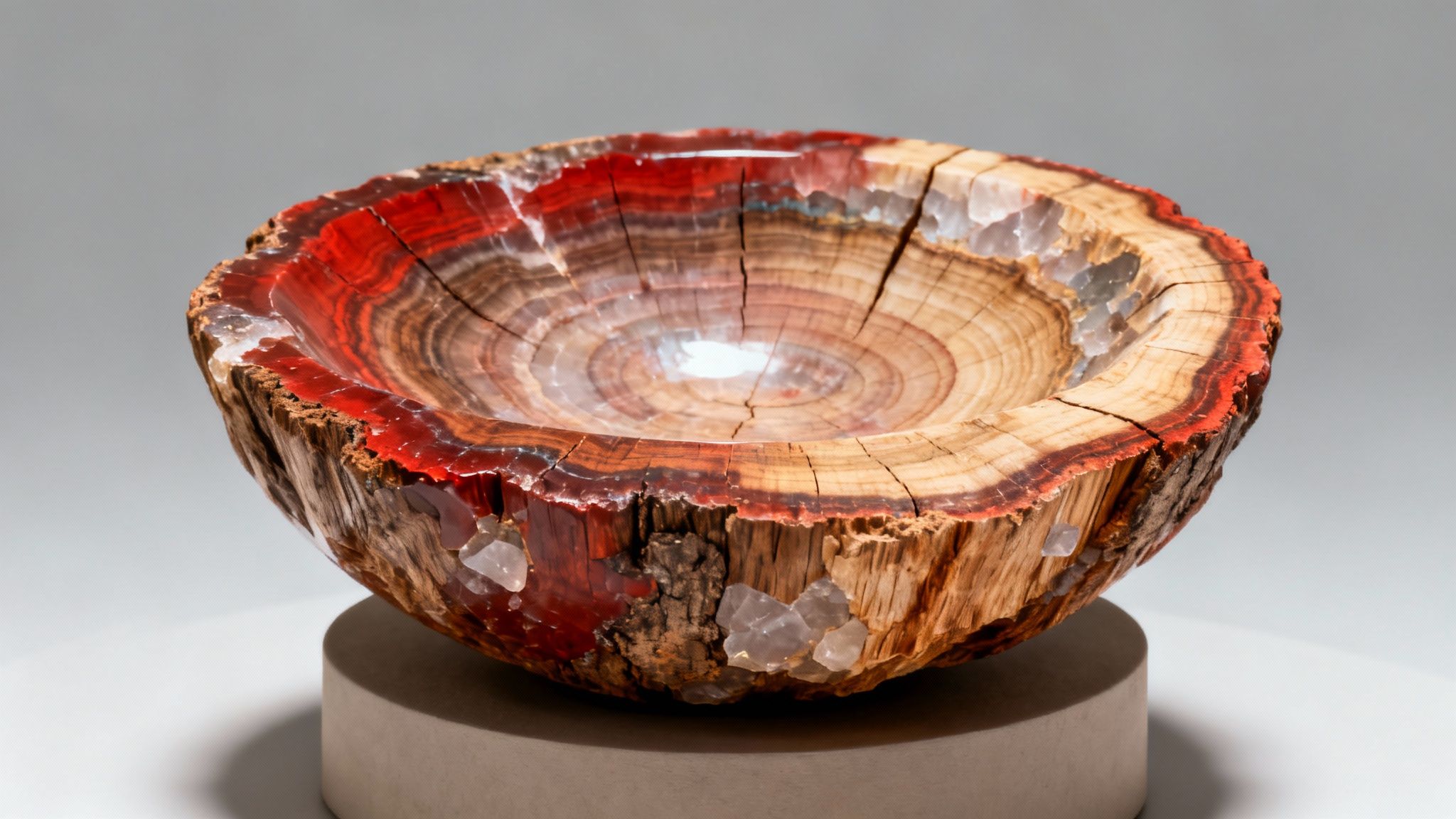 A unique polished petrified wood bowl, featuring striking red hues, natural rings, and clear crystal inclusions, on a simple stand.