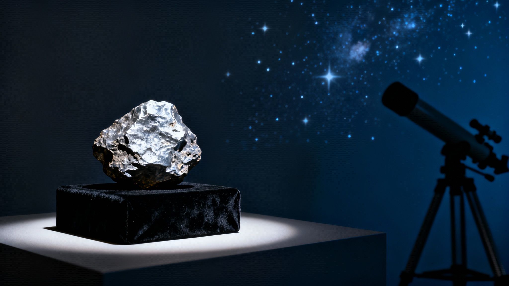 A spotlighted metallic meteorite on a black cushion, with a starry blue sky and telescope in the background.