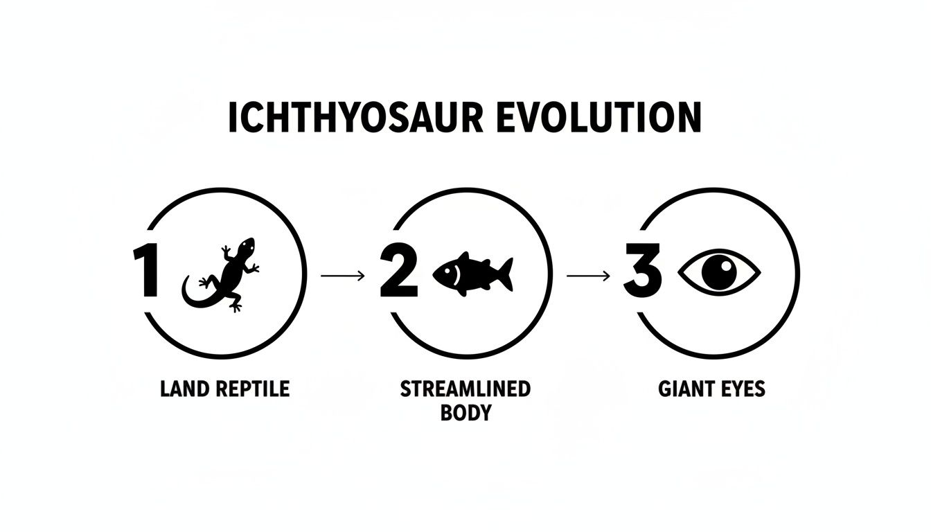 An infographic showing the three steps of ichthyosaur evolution: land reptile, streamlined body, and giant eyes.