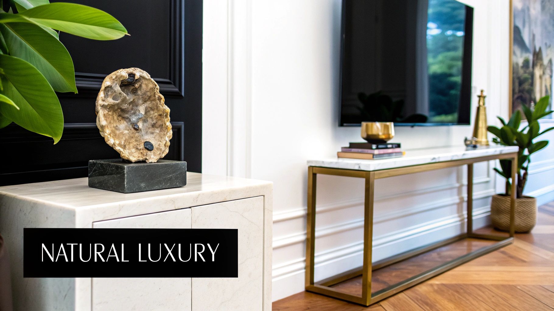 A luxurious interior featuring a stone sculpture, marble furniture, a golden console table, and green plants.