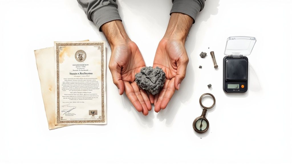 A person's hand holding a small, dark meteorite, examining its textured surface up close.
