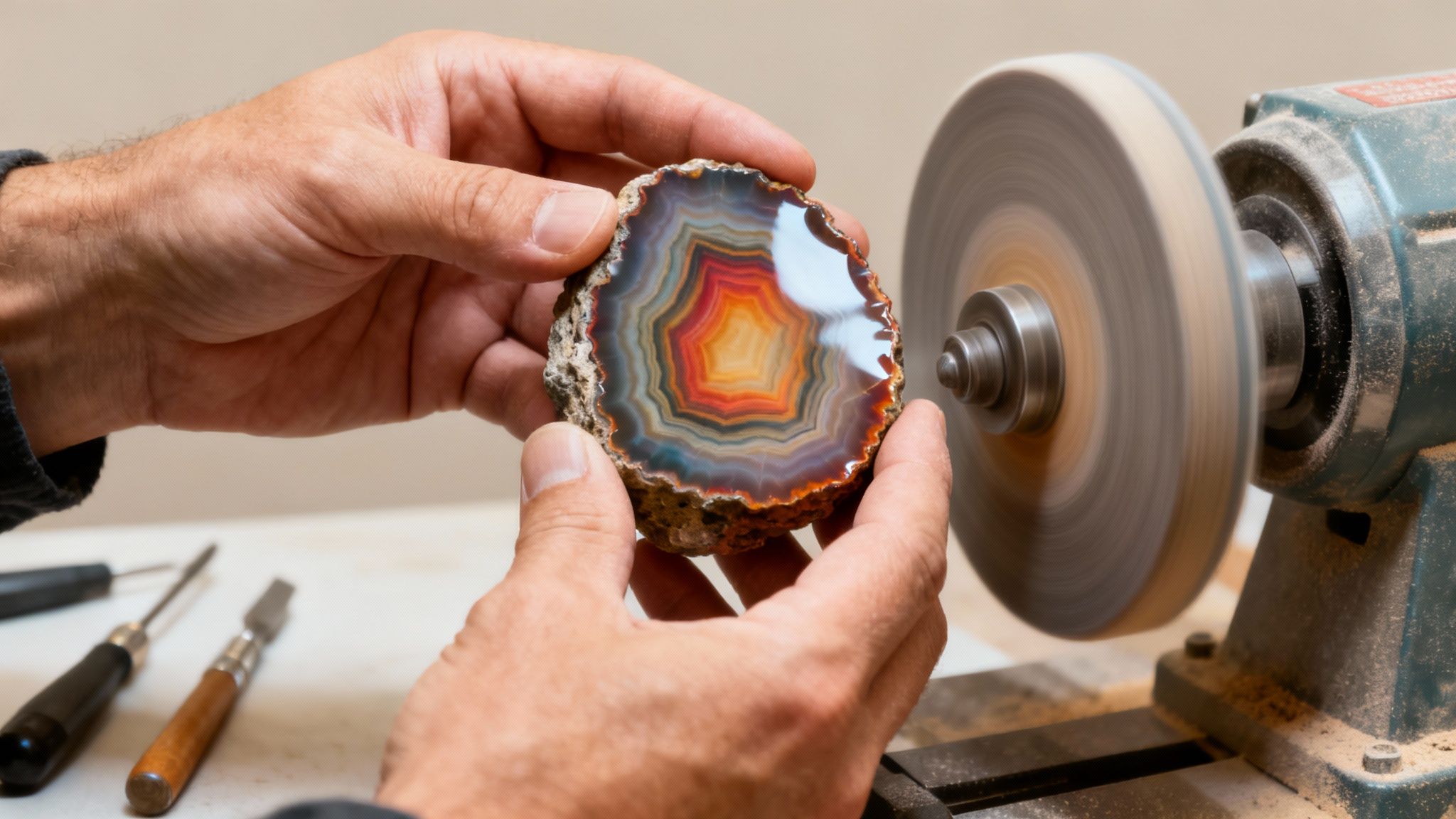Hands hold a vibrant, polished agate nodule with colorful concentric bands, next to a grinding machine.