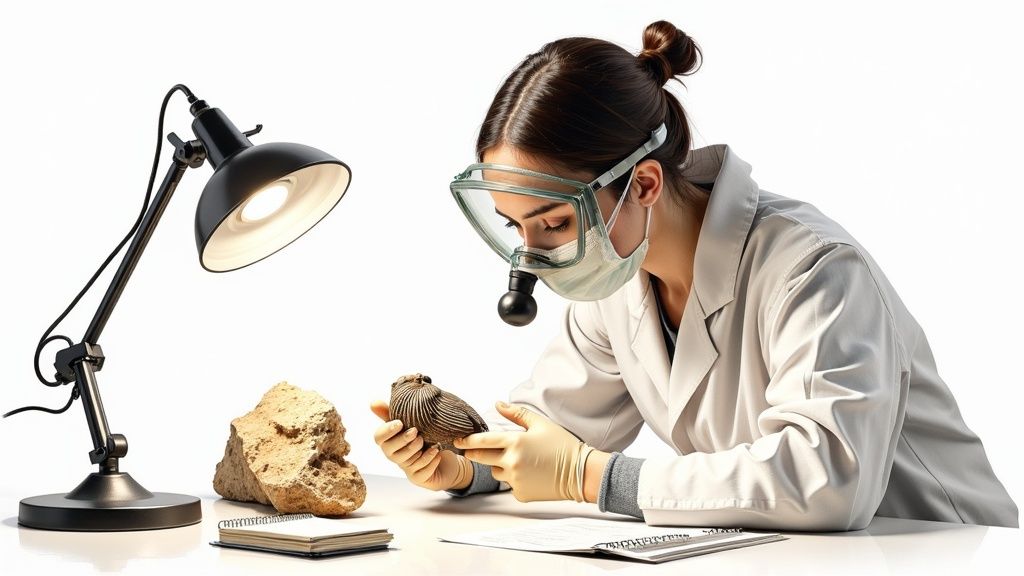 A person carefully cleaning a fossil with specialized tools.