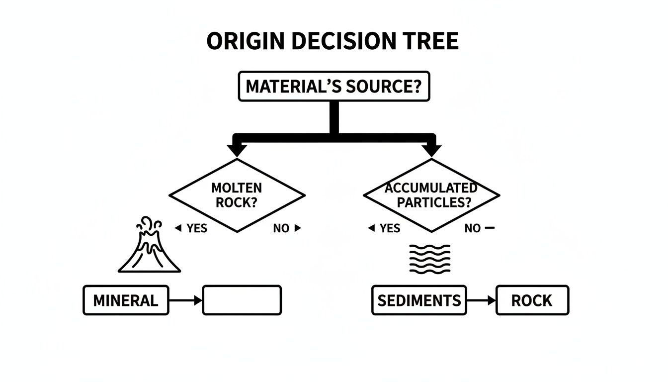 A decision tree flow chart illustrating the origin of minerals from molten rock and rocks from accumulated particles.