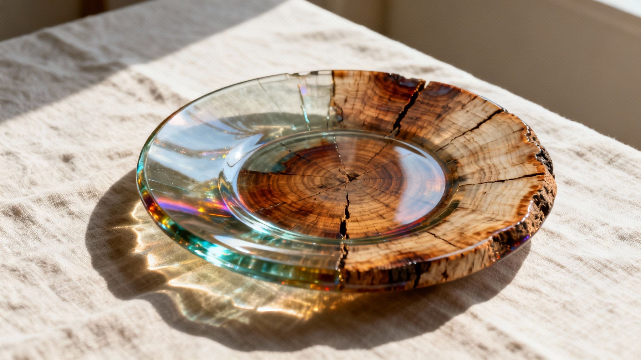 A unique plate crafted from a petrified wood slice and clear resin, catching sunlight on a linen cloth.