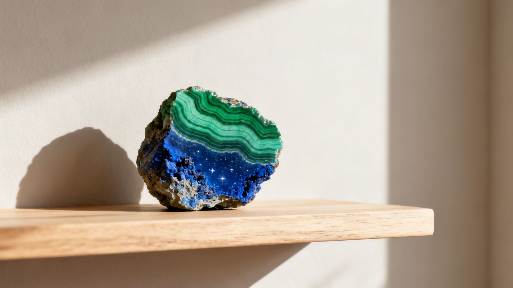 Vibrant blue and green layered mineral specimen with a starry effect on a wooden shelf.