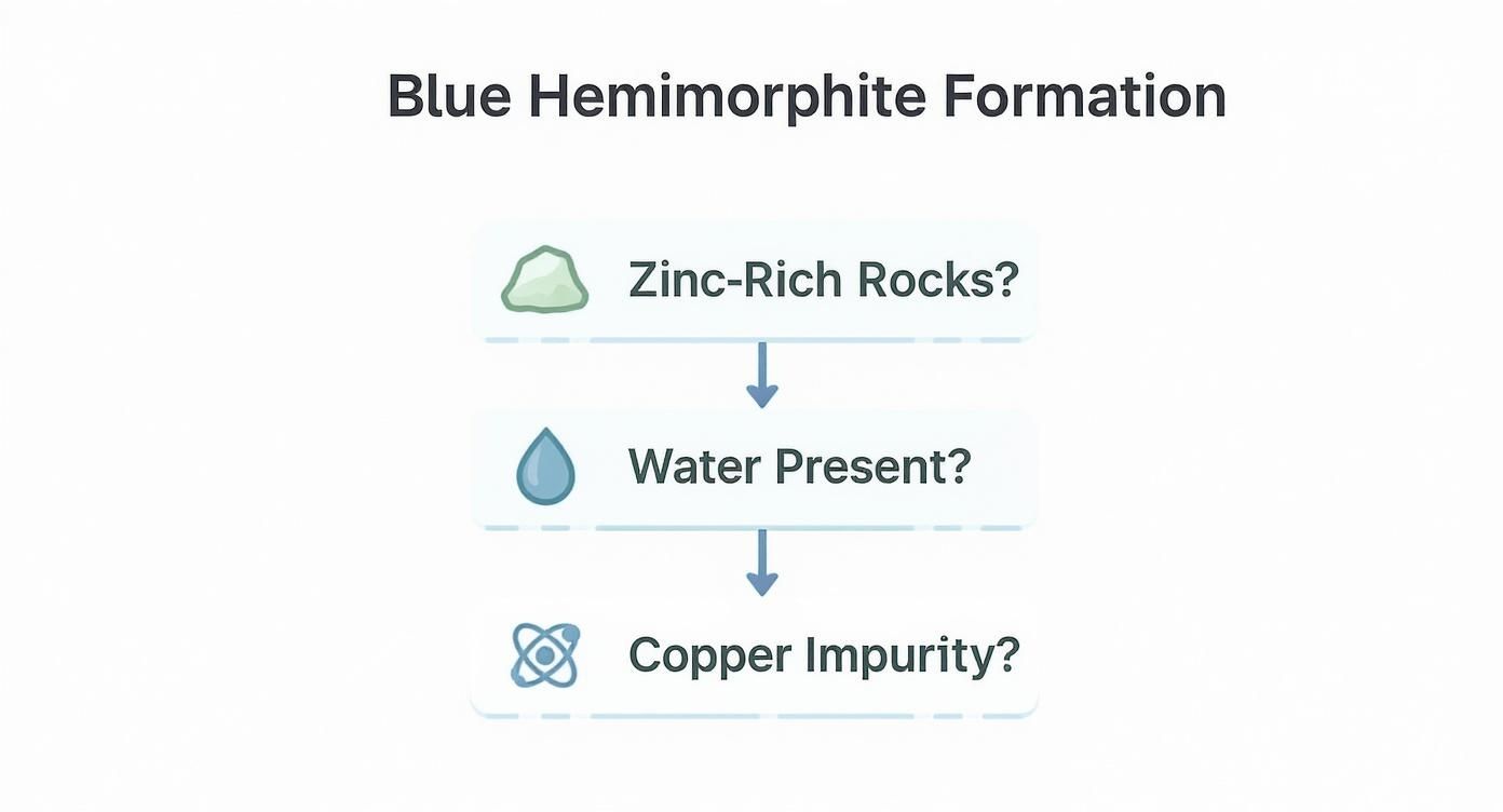 Flowchart illustrating the conditions for blue hemimorphite formation, including zinc-rich rocks, water, and copper impurity.