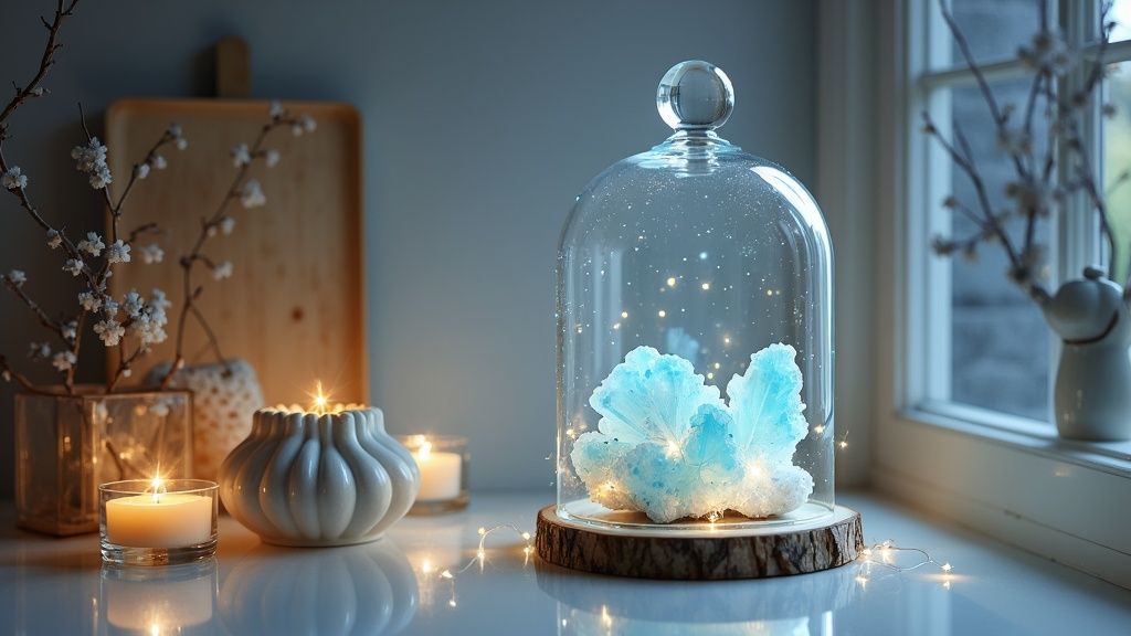 A glowing calcite specimen under UV light, arranged with fairy lights for a magical effect.