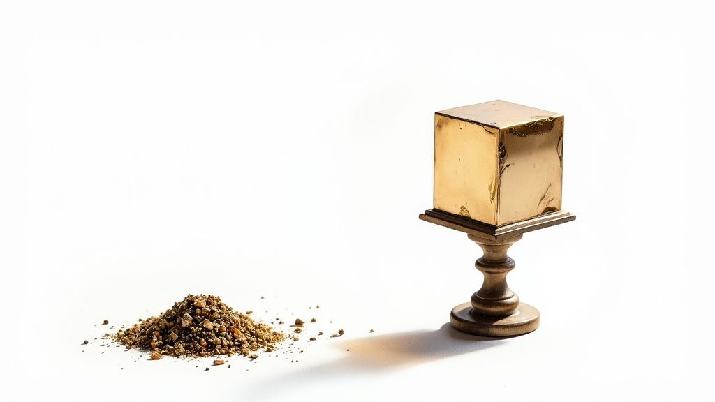 A large, perfectly formed pyrite cube held in a hand, showcasing its metallic luster and sharp edges.