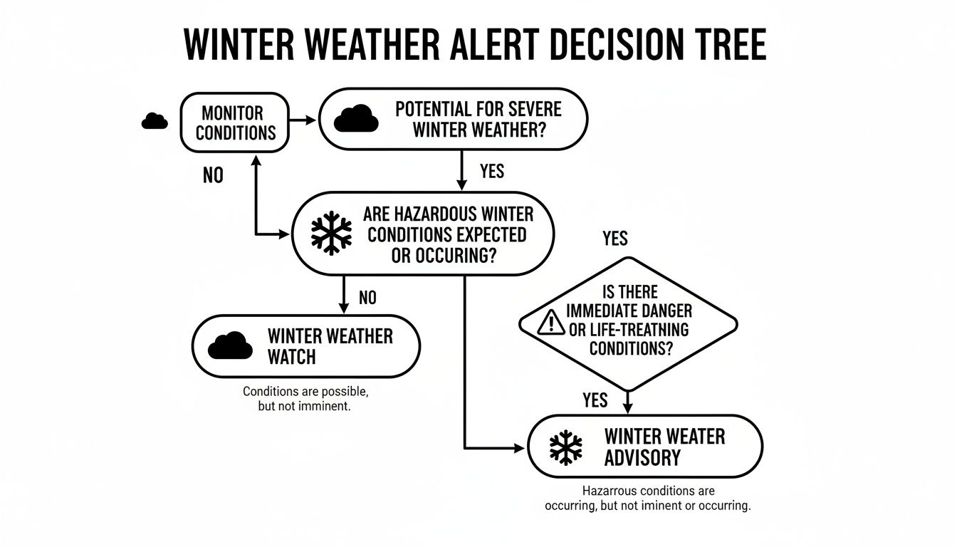 Flowchart illustrating a winter weather alert decision tree, from monitoring to watches and and advisories.
