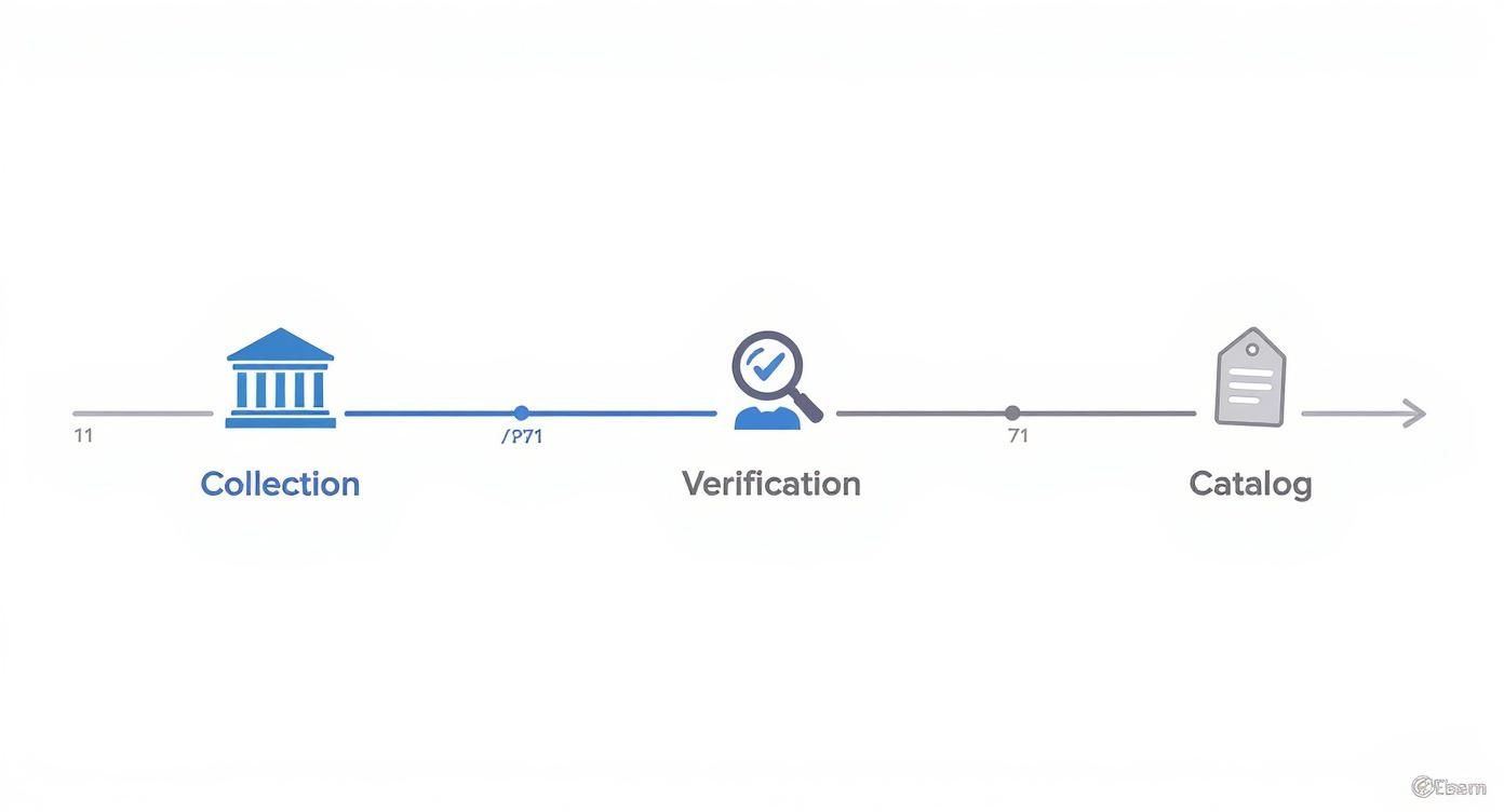 A process flow diagram illustrating three stages: Collection, Verification, and Catalog, with numerical labels.