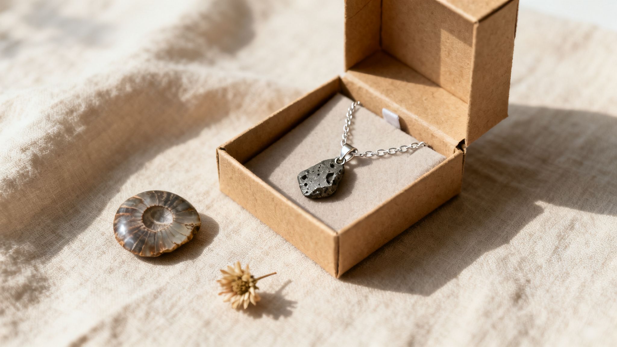 A unique rough stone necklace in a gift box next to an ammonite fossil and dried flower on fabric.