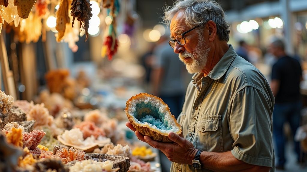 A bustling gem and mineral show with tables covered in geodes and crystals