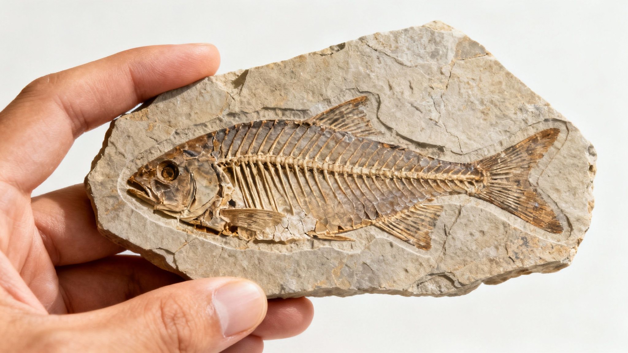 A hand holds a detailed, complete fish skeleton fossil embedded in a light-colored rock.