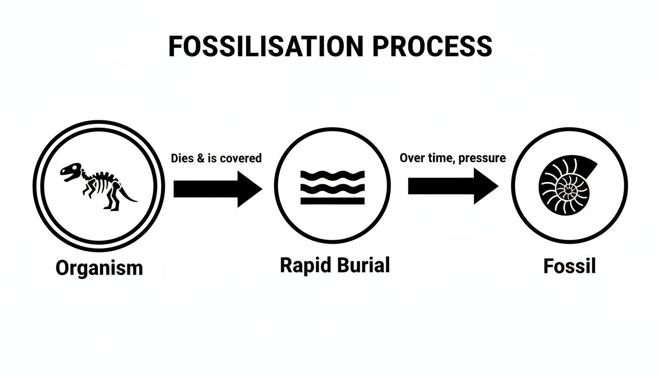 Diagram illustrating the fossilization process from organism to rapid burial and finally to a fossil.