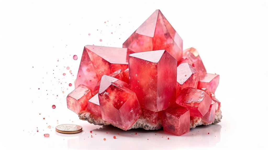 Pink red crystal cluster formation with coin for scale on white background