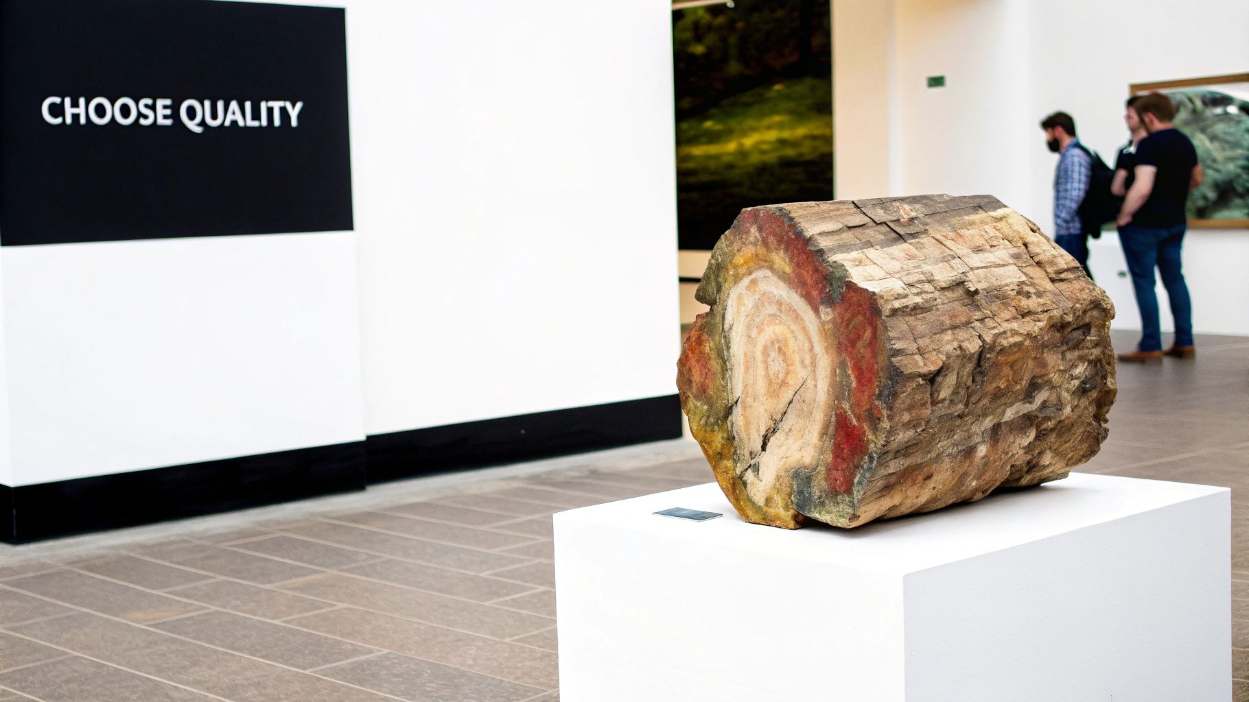 A large, colorful piece of petrified wood on a white pedestal in a gallery with a "CHOOSE QUALITY" sign.
